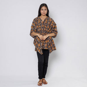 Black - Sanganeri Block Printed Cotton Kaftan with Tie-Up Waist (Short)