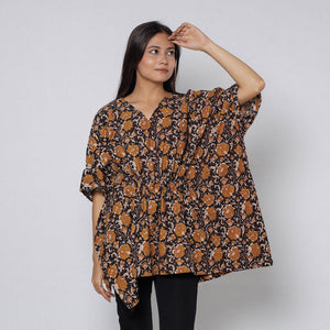 Black - Sanganeri Block Printed Cotton Kaftan with Tie-Up Waist (Short)