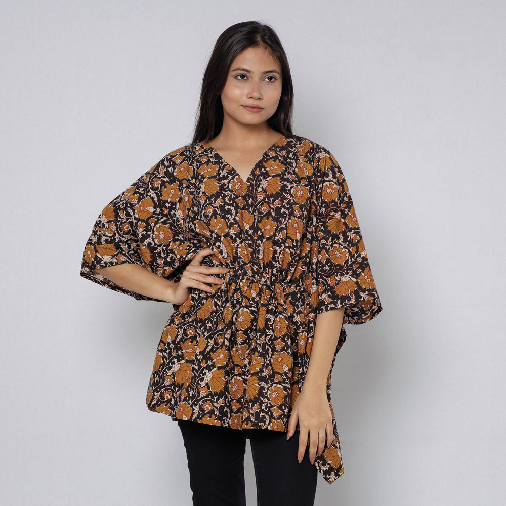 Black - Sanganeri Block Printed Cotton Kaftan with Tie-Up Waist (Short)