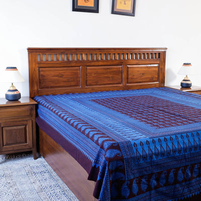 Blue - Bagh Block Printed Natural Dyed Pure Cotton Double Bed Cover (110 x 88 in)
