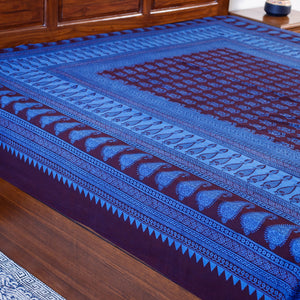 Blue - Bagh Block Printed Natural Dyed Pure Cotton Double Bed Cover (110 x 88 in)