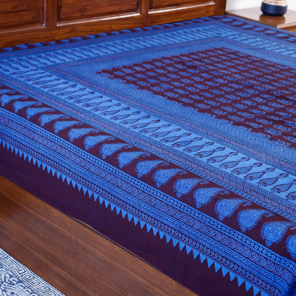 Blue - Bagh Block Printed Natural Dyed Pure Cotton Double Bed Cover (110 x 88 in)