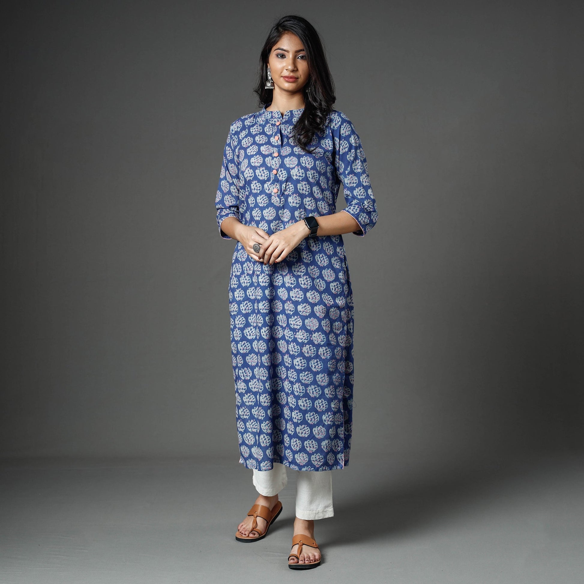 Blue - Akola Block Printed Cotton Long Straight Kurta