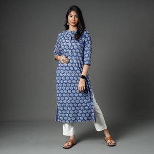 Blue - Akola Block Printed Cotton Long Straight Kurta
