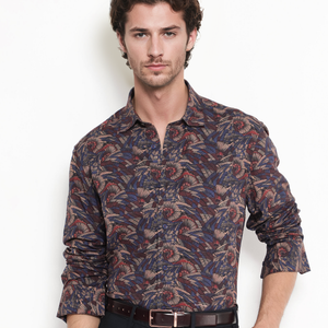 Rare Rabbit Men's Mids Navy Viscose Fabric Full Sleeve Regular Collar Floral Abstract Print Shirt