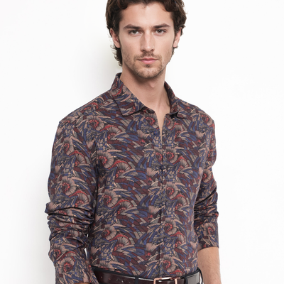 Rare Rabbit Men's Mids Navy Viscose Fabric Full Sleeve Regular Collar Floral Abstract Print Shirt