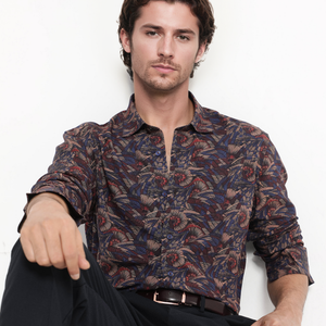 Rare Rabbit Men's Mids Navy Viscose Fabric Full Sleeve Regular Collar Floral Abstract Print Shirt