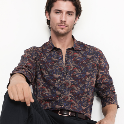 Rare Rabbit Men's Mids Navy Viscose Fabric Full Sleeve Regular Collar Floral Abstract Print Shirt