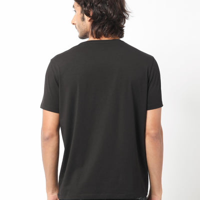 Rare Rabbit Men's Misor Black Crew Neck Half Sleeves Regular Fit Applique Rare Badge Graphic Print T-Shirt