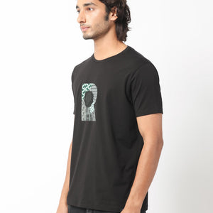 Rare Rabbit Men's Misor Black Crew Neck Half Sleeves Regular Fit Applique Rare Badge Graphic Print T-Shirt