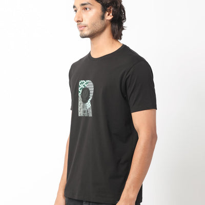 Rare Rabbit Men's Misor Black Crew Neck Half Sleeves Regular Fit Applique Rare Badge Graphic Print T-Shirt