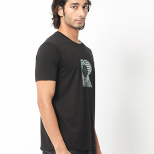 Rare Rabbit Men's Misor Black Crew Neck Half Sleeves Regular Fit Applique Rare Badge Graphic Print T-Shirt