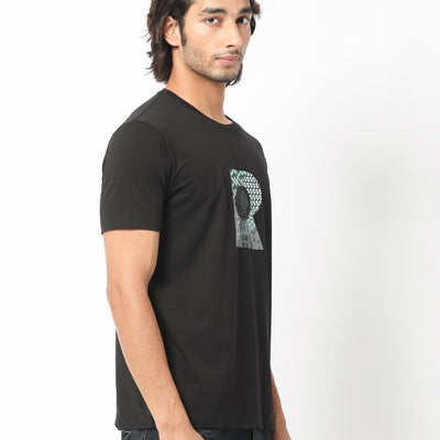 Rare Rabbit Men's Misor Black Crew Neck Half Sleeves Regular Fit Applique Rare Badge Graphic Print T-Shirt