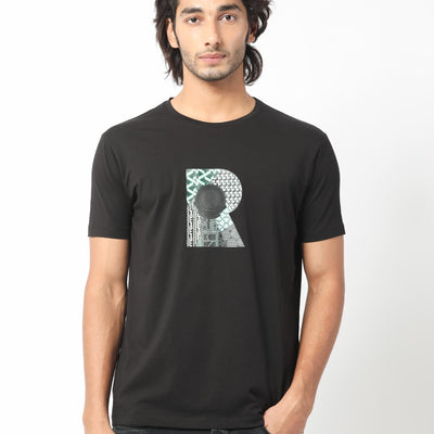 Rare Rabbit Men's Misor Black Crew Neck Half Sleeves Regular Fit Applique Rare Badge Graphic Print T-Shirt