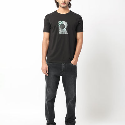 Rare Rabbit Men's Misor Black Crew Neck Half Sleeves Regular Fit Applique Rare Badge Graphic Print T-Shirt
