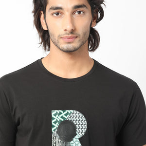 Rare Rabbit Men's Misor Black Crew Neck Half Sleeves Regular Fit Applique Rare Badge Graphic Print T-Shirt