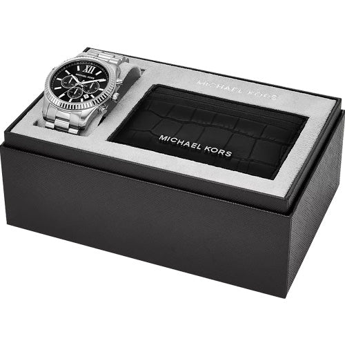 Michael Kors Oversized Lexington Crocodile-Embossed Leather Card Case Black Dial 44mm MK1091SET