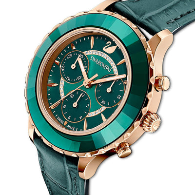 Swarovski Octea Lux Chrono Green Dial & Leather Strap Watch for Women 39 MM