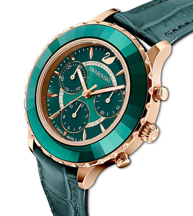 Swarovski Octea Lux Chrono Green Dial & Leather Strap Watch for Women 39 MM