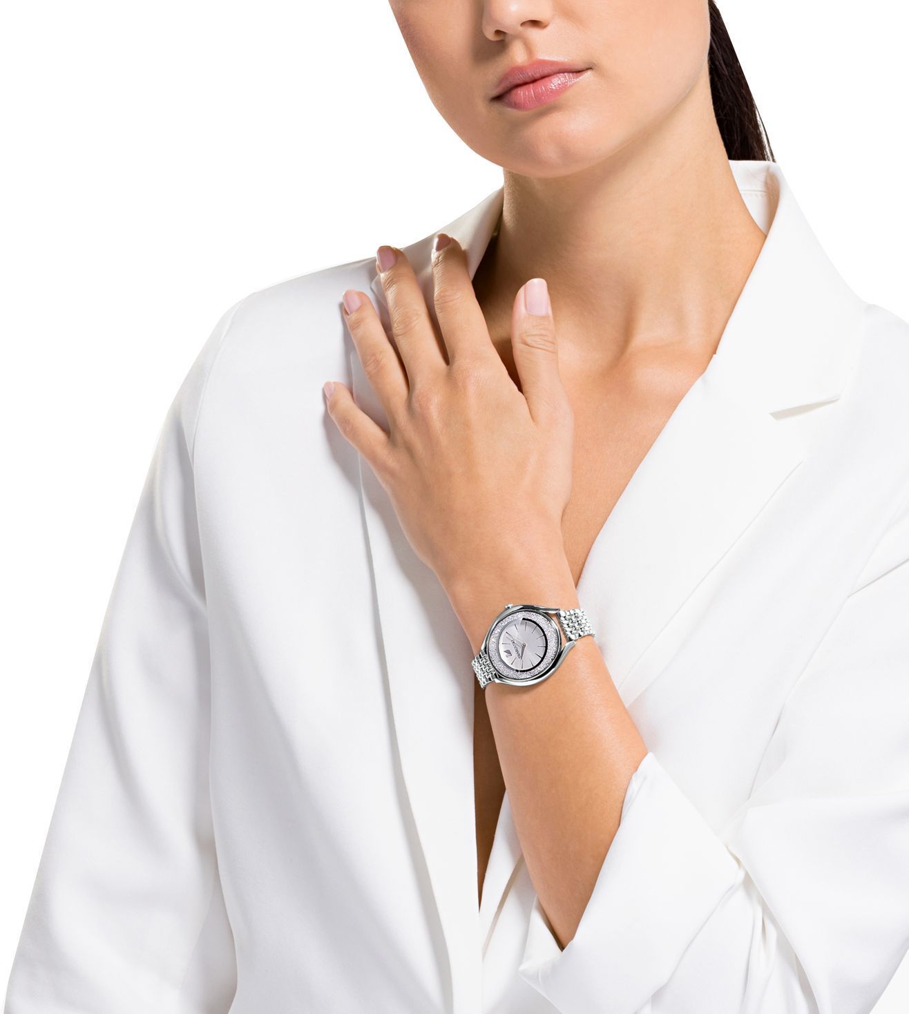 Swarovski Crystalline Aura Silver Dial & Silver Chain Watch for Women