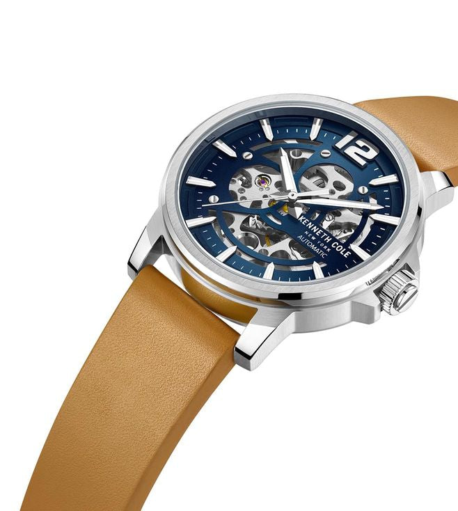 Kenneth Cole Auto Skeleton Blue Dial Tan Leather Men's Watch