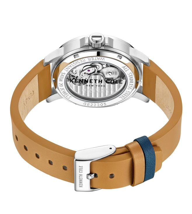 Kenneth Cole Auto Skeleton Blue Dial Tan Leather Men's Watch