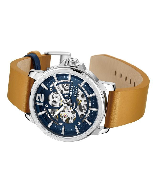 Kenneth Cole Auto Skeleton Blue Dial Tan Leather Men's Watch
