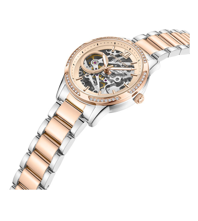 Kenneth Cole Auto Skeleton Rose Gold Dial & Silver Chain Watch for Women