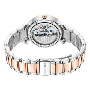 Kenneth Cole Auto Skeleton Rose Gold Dial & Silver Chain Watch for Women