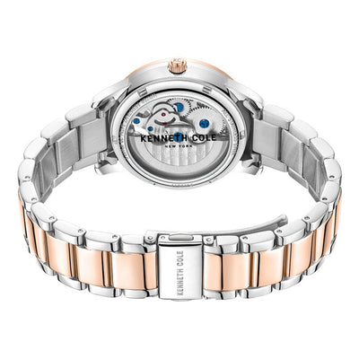 Kenneth Cole Auto Skeleton Rose Gold Dial & Silver Chain Watch for Women