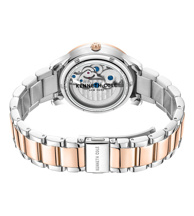 Kenneth Cole Auto Skeleton Rose Gold Dial & Silver Chain Watch for Women