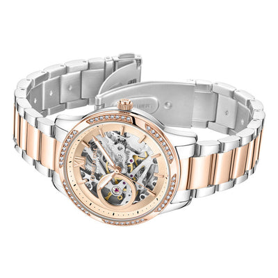 Kenneth Cole Auto Skeleton Rose Gold Dial & Silver Chain Watch for Women