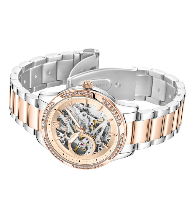 Kenneth Cole Auto Skeleton Rose Gold Dial & Silver Chain Watch for Women