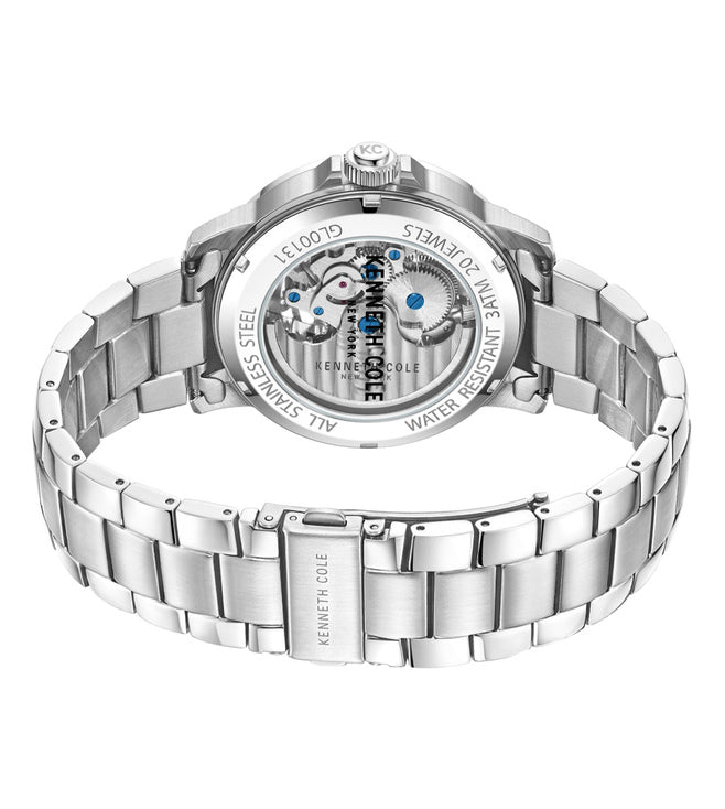 Kenneth Cole Auto Skeleton Blue Dial Silver Chain Watch for Men