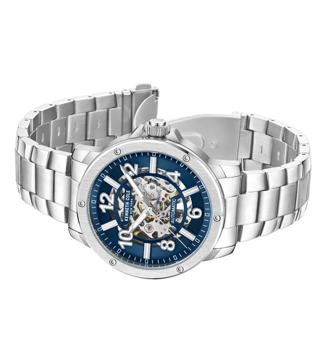 Kenneth Cole Auto Skeleton Blue Dial Silver Chain Watch for Men
