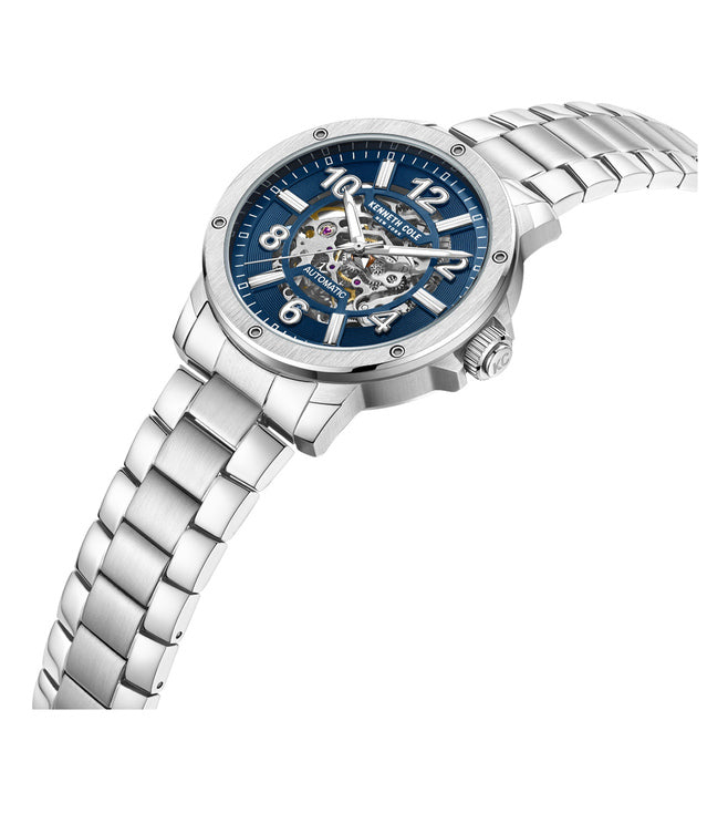 Kenneth Cole Auto Skeleton Blue Dial Silver Chain Watch for Men