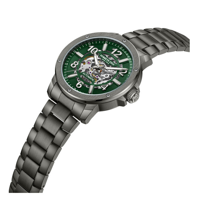 Kenneth Cole Auto Skeleton Green Dial Silver Chain Watch for Men