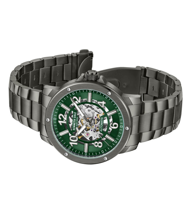 Kenneth Cole Auto Skeleton Green Dial Silver Chain Watch for Men
