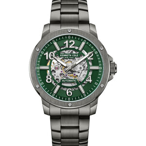 Kenneth Cole Auto Skeleton Green Dial Silver Chain Watch for Men