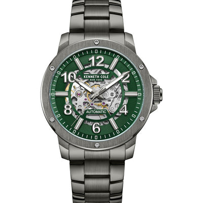Kenneth Cole Auto Skeleton Green Dial Silver Chain Watch for Men