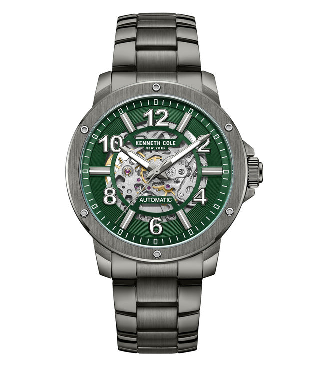 Kenneth Cole Auto Skeleton Green Dial Silver Chain Watch for Men
