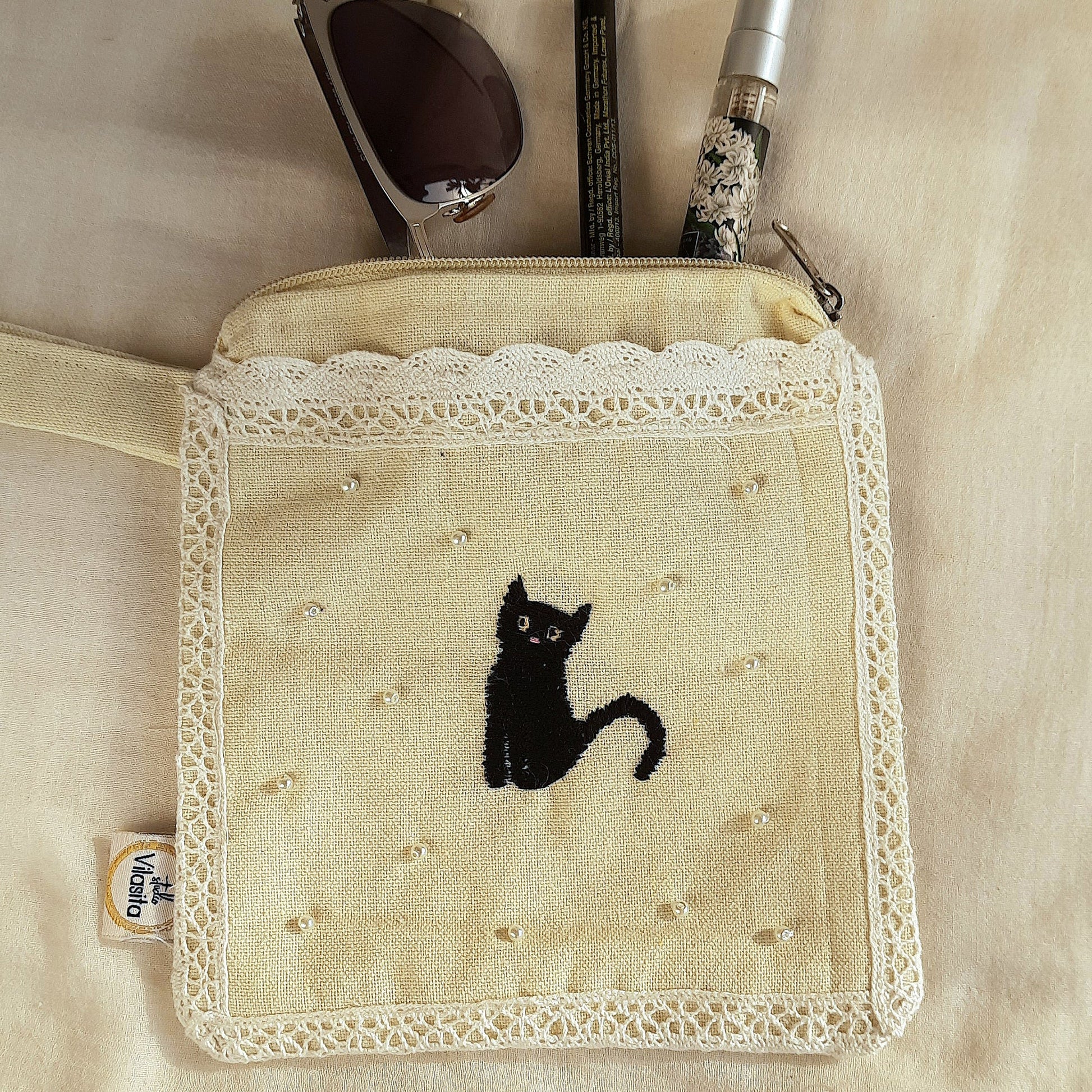 Black Kitty & Snow Hand Embroidered Utility Pouch