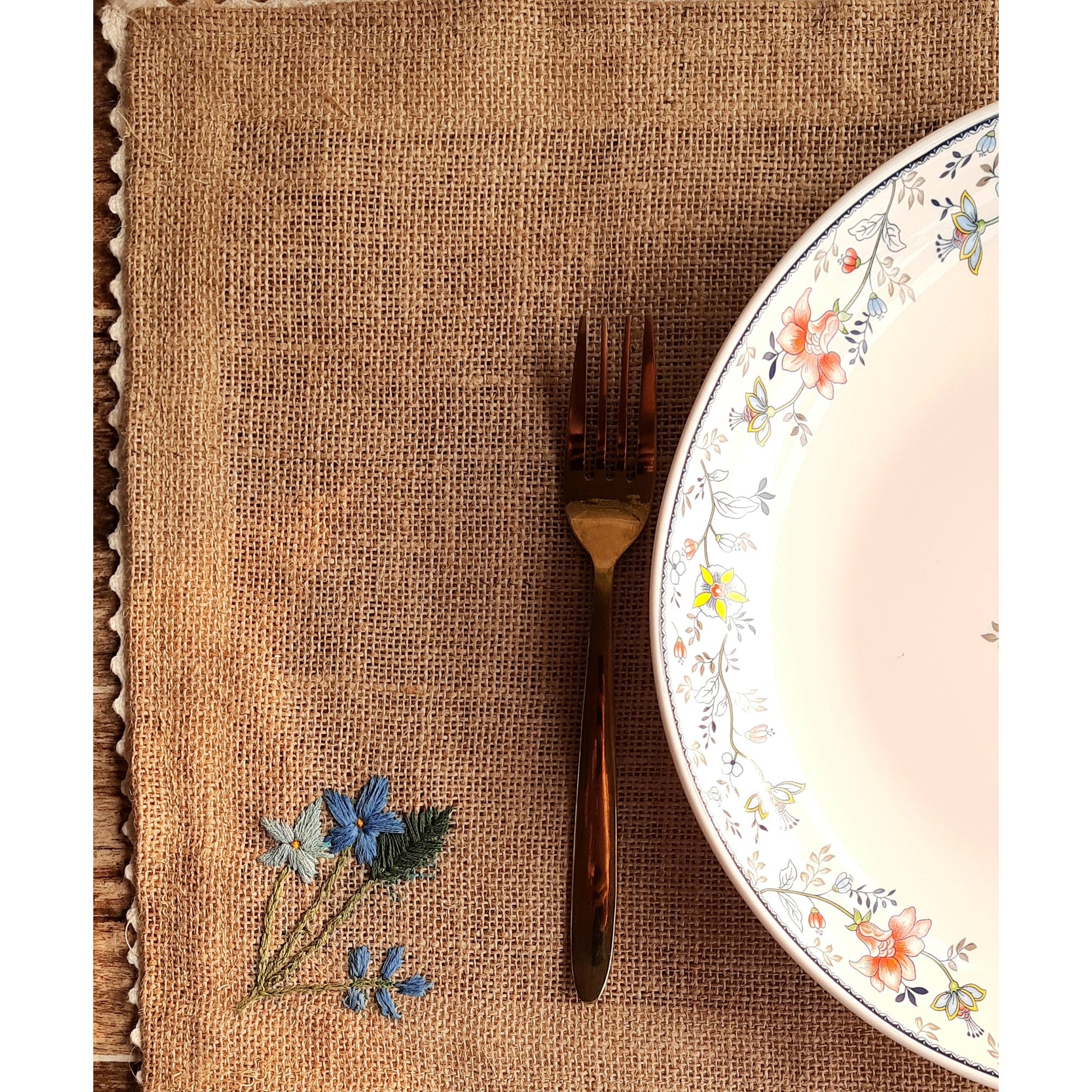 Beige - Embroidered Jute Table Mat Forget Me Not (Set of 4)
