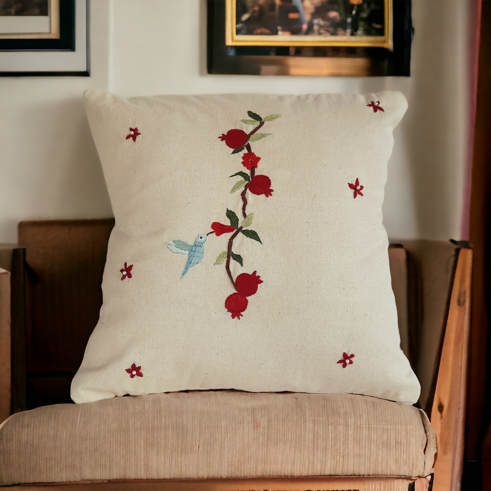 Embroidered Pomogranate White Cushion Cover (18x18)