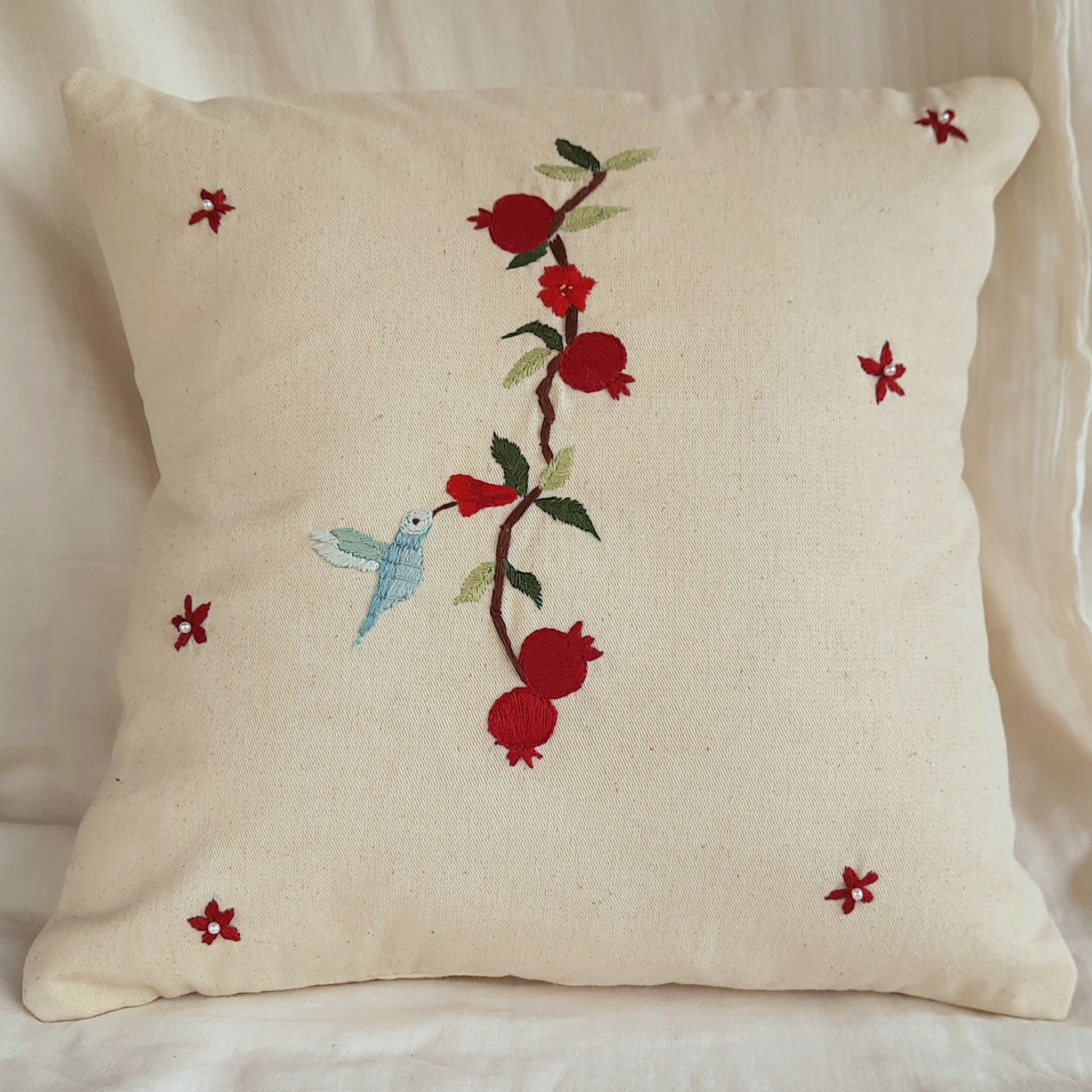 Embroidered Pomogranate White Cushion Cover (18x18)