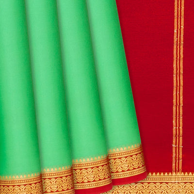 Leafy Green Mysore Plain Crepe Silk Saree With Temple Border-Leaf Green