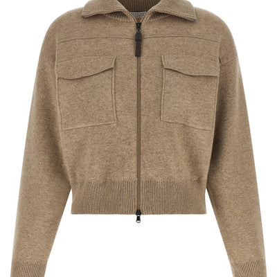 Brunello Cucinelli Shiny Zipper Pull Wool Cardigan