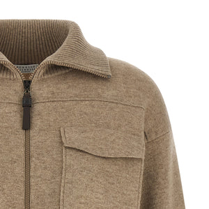 Brunello Cucinelli Shiny Zipper Pull Wool Cardigan