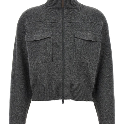 Brunello Cucinelli Shiny Zipper Pull Wool Cardigan