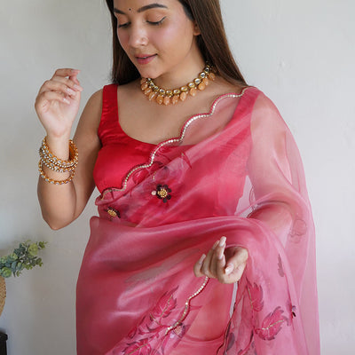 Flamingo Pink Organza Saree